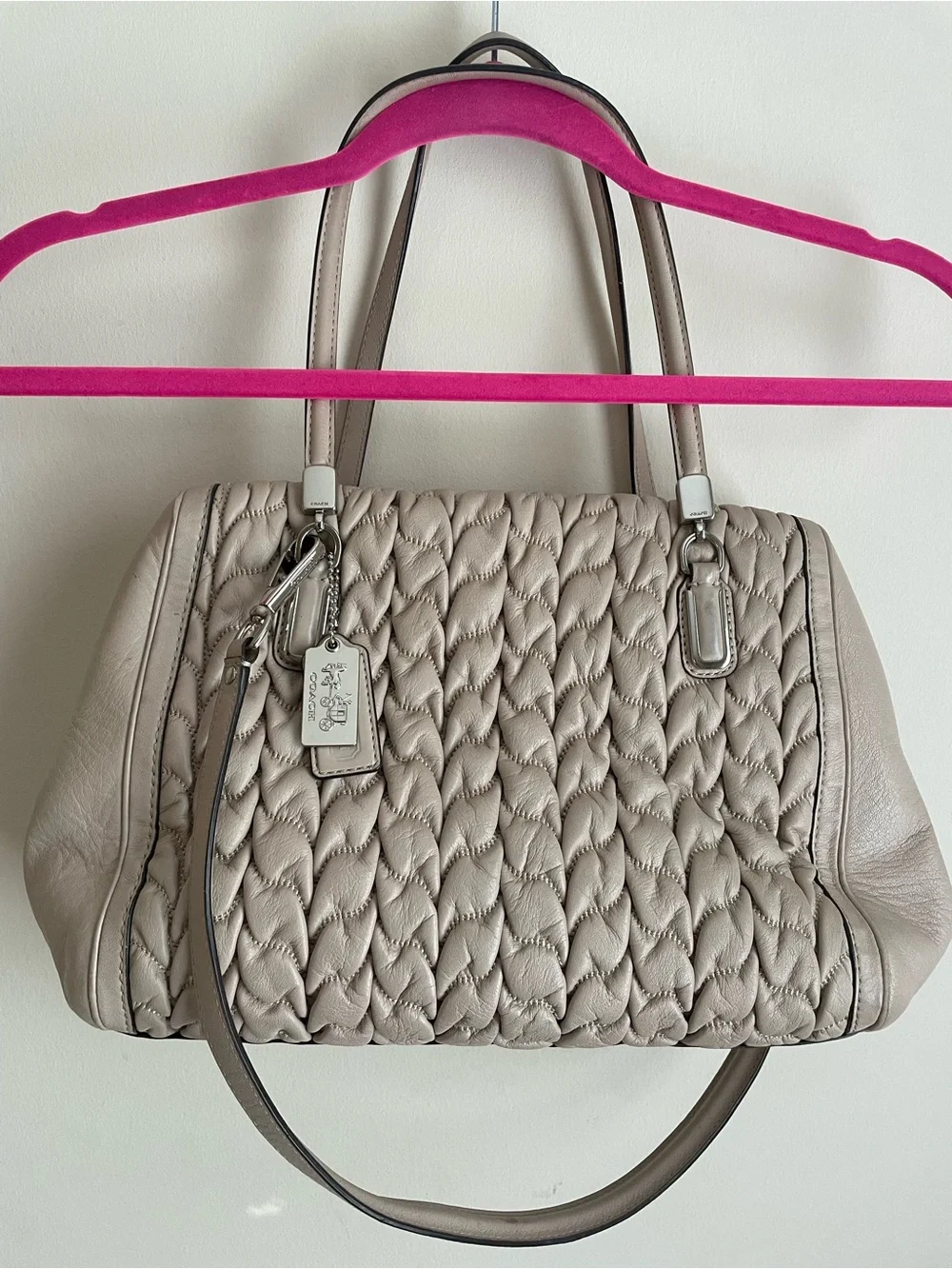 Coach Madison Gathered Chevron Leather Madeline Satchel Soft Putty Beige